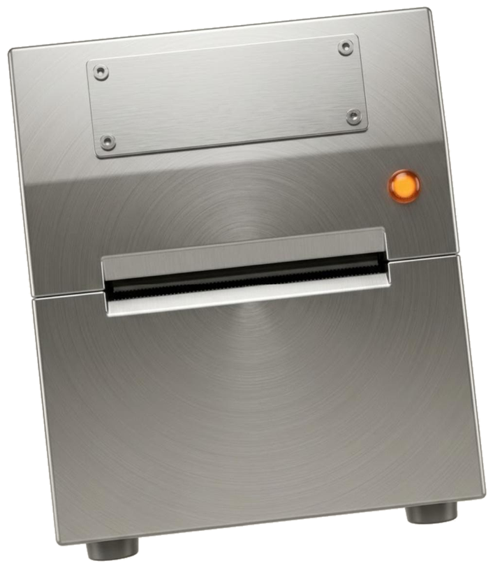 A stainless roasting machine with a printing slot across its front